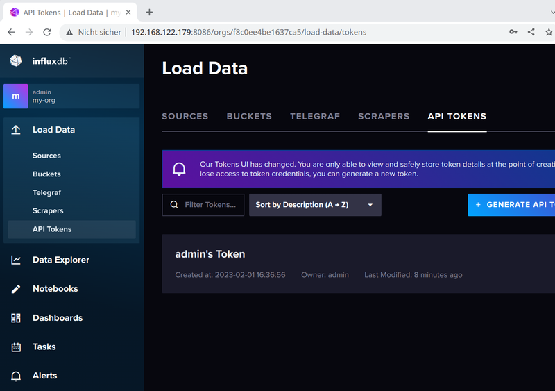 InfluxDB API Token screen
